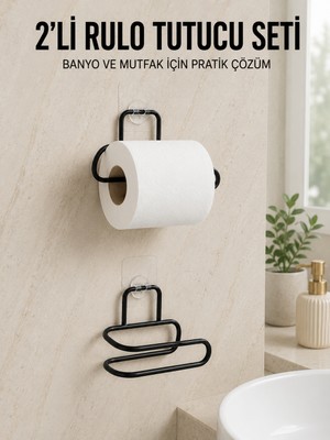 Uravas Store 2’li Yapışkanlı Tuvalet Kağıdı Tutucu Siyah Metal Duvar Tipi Rulo Kağıtlık - Lisinya