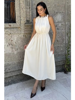 Gülseli Kadın Yakası Boncuklu Bel Lastikli Elbise P-00022908
