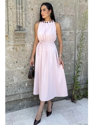 Gülseli Kadın Yakası Boncuklu Bel Lastikli Elbise P-00022908