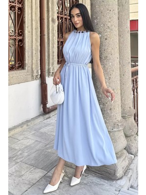 Gülseli Kadın Yakası Boncuklu Bel Lastikli Elbise P-00022908