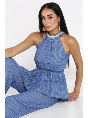Gülseli Çizgili Bel Lastikli Bluz Pantolon Ikili Takım P-00022805