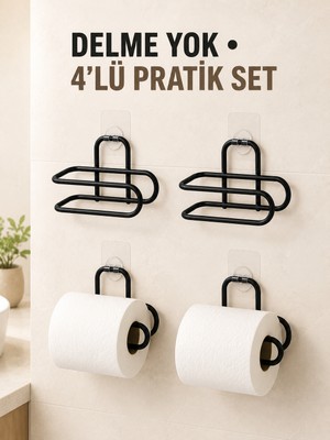 Uravas Store Siyah 4 Adet Metal Tuvalet Kağıdı Tutucu Kendinden Yapışkanlı Delmeden Montaj Banyo Askısı - Lisinya