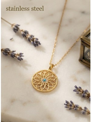 Stainless Steel 316L Çelik Zincir Gold Renk Zincir Mavi Taşlı Lotus Kolye