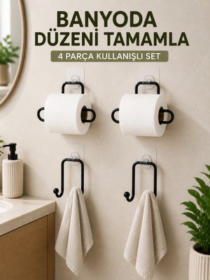 Uravas Store Banyo ve Mutfak Için 4 Parça Set 2 Adet Kağıtlık 2 Adet Havlu Askısı - Lisinya