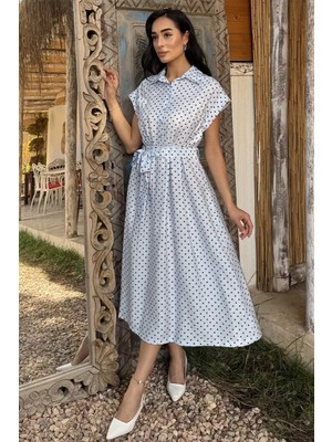 Gülseli Kadın Polo Yaka Ön Yarım Düğmeli Puantiyeli Elbise P-00022912