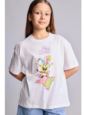 DeFacto %100 Pamuk SpongeBob Oversize Bisiklet Yaka Kısa Kollu Tişört Kız Çocuk H3481A826HS