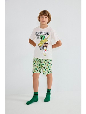 DeFacto %100 Pamuk Minecraft Lisanslı Regular Fit 2'li Ekru Pijama Takımı Erkek Çocuk H7270A826HS