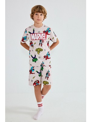 DeFacto %100 Pamuk Marvel Lisanslı Comics Regular Fit 2'li Bej Pijama Takımı Erkek Çocuk H8033A826HS