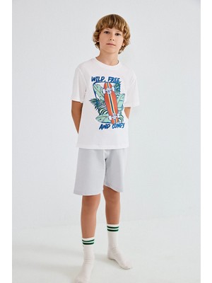 DeFacto %100 Pamuk Regular Fit Baskılı 2'li Ekru Pijama Takımı Erkek Çocuk H8045A826HS