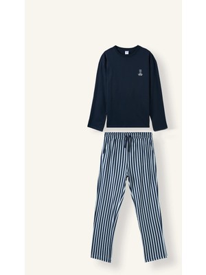 DeFacto %100 Pamuk Regular Fit Bisiklet Yaka Uzun Kollu Baskılı Üst Çizgili Alt Pijama Takımı H9320AX26AU