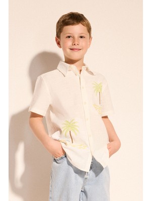DeFacto %100 Pamuk Oversize Polo Yaka Tropikal Desenli Kısa Kollu Gömlek Erkek Çocuk H3499A826HS