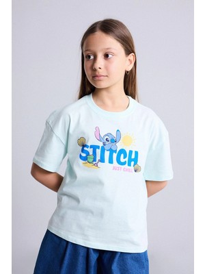 DeFacto %100 Pamuk Disney Lilo & Stitch Relax Fit Bisiklet Yaka Kısa Kollu Baskılı Tişört Kız Çocuk H3643A826HS