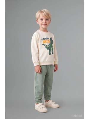 DeFacto %100 Pamuk Bisiklet Yaka Baskılı Sweatshirt Üst Esnek Belli Eşofman Altı 2'li Takım Erkek Bebek H8482A526AU