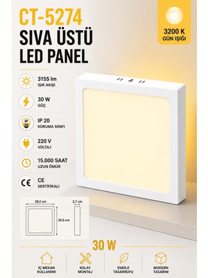 Yenilig CT-5274 Sıva Üstü Kare LED Panel 30W Beyaz Kasa – 28,5X28,5 cm 3155 Lümen