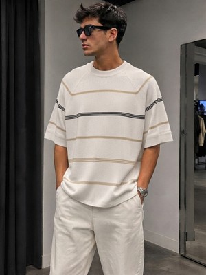 More Black Erkek Çizgili Triko Oversıze Tişört