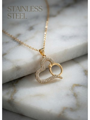 Stainless Steel 316L Çelik Zincir Gold Renk Zirkon Taşlı Yüzüklü Kalp Kolye