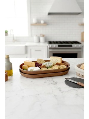 Kitchen Life Ahşap Görünümlü Oval Şık Sunum Kayık Tabağı-Kahvaltılık ve Dekoratif Servis Tabağı 24 cm