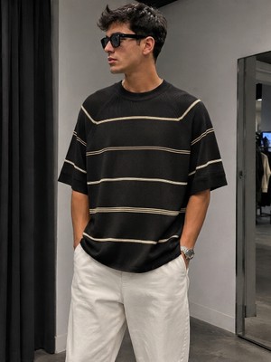 More Black Erkek Çizgili Triko Oversıze Tişört
