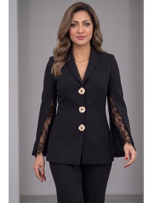 Zishan Fashion Kadın Krep Ceket Pantolon Ikili Takım – Pelerin Kol Dantel Detaylı Şık Büyük Beden Abiye Takım 36011
