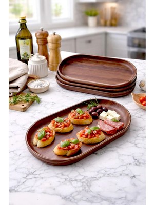 Kitchen Life Ahşap Görünümlü Oval Şık Sunum Kayık Tabağı-Kahvaltılık ve Dekoratif Servis Tabağı 24 cm