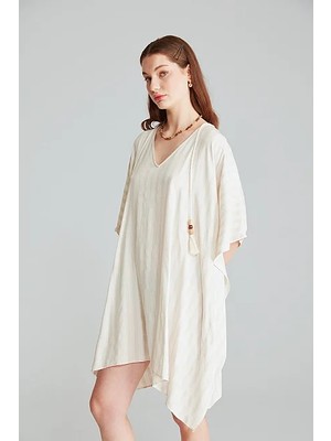 Gusto Çizgili Keten Dokulu Kimono - Ekru