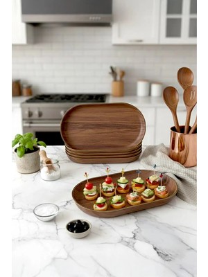 Kitchen Life Ahşap Görünümlü Oval Şık Sunum Kayık Tabağı-Kahvaltılık ve Dekoratif Servis Tabağı 24 cm