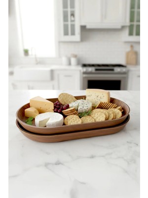 Kitchen Life Ahşap Görünümlü Oval Şık Sunum Kayık Tabağı-Kahvaltılık ve Dekoratif Servis Tabağı 28 cm