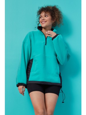 Tommy Life Deniz Yeşili Yarım Fermuar Etek Ucu Büzgülü Dik Yaka  Oversize Kadın Polar Sweatshirt - 97236