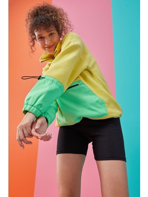 Tommy Life Limon Etek Ucu Büzgülü Yarım Fermuarlı Oversize Kadın Polar Sweatshirt - 97238