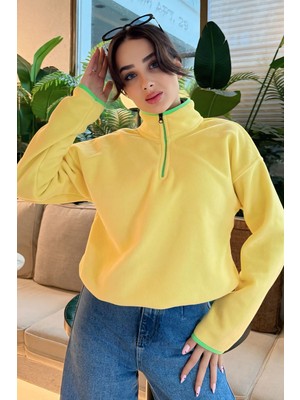 Tommy Life Limon Yarım Fermuar Etek Ucu Büzgülü Dik Yaka Oversize Kadın Polar Sweatshirt - 97234