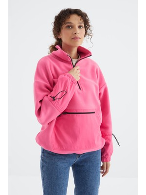 Tommy Life Şeker Pembe Etek Ucu Büzgülü Yarım Fermuarlı Oversize Kadın Polar Sweatshirt - 97238