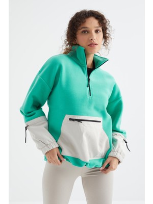 Tommy Life Deniz Yeşili Etek Ucu Büzgülü Yarım Fermuarlı Oversize Kadın Polar Sweatshirt - 97238