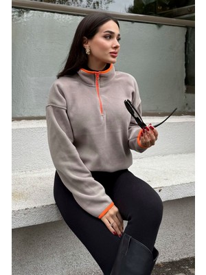 Tommy Life Koyu Bej Yarım Fermuar Etek Ucu Büzgülü Dik Yaka Oversize Kadın Polar Sweatshirt - 97234