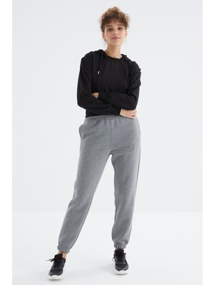 Tommy Life Gri Melanj Yüksek Bel Şardonlu 3 İplik Pamuklu Basic Kadın Eşofman Alt - 94624