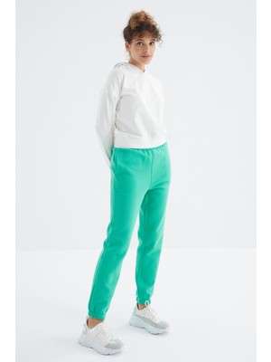 Tommy Life Deniz Yeşili Yüksek Bel Şardonlu 3 İplik Pamuklu Basic Kadın Eşofman Alt - 94624