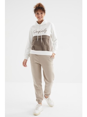 Tommy Life Koyu Bej Yüksek Bel Şardonlu 3 İplik Pamuklu Basic Kadın Eşofman Alt - 94624