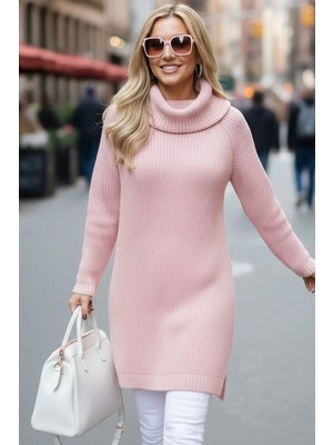 Millionaire Kadın Açık Pembe Degaje Boğazlı Yaka Kalın Örgü Italyan Kol Yırtmaçlı Uzun Tunik Elbise Triko Kazak