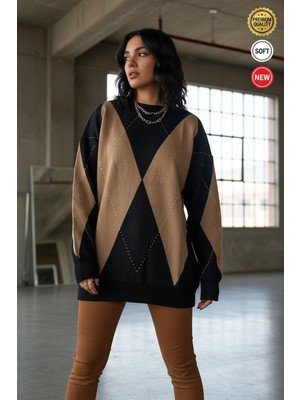 Millionaire Kadın Siyah Bej Büyük Baklava Desen Tunik S-M-L Beden Uyumlu Oversize Uzun Tunik Triko Kazak