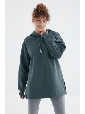 Tommy Life Orman Yeşili Reglan Kol Basic Kapüşonlu Oversize Sweatshirt Tunik - 97242