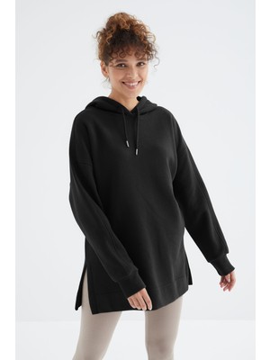 Tommy Life Siyah Reglan Kol Basic Kapüşonlu Oversize Sweatshirt Tunik - 97242