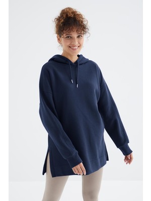 Tommy Life İndigo Reglan Kol Basic Kapüşonlu Oversize Sweatshirt Tunik - 97242