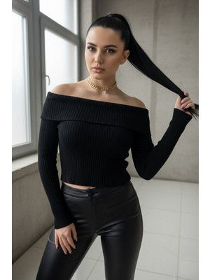 Teenage Millionaire Kadın Siyah Madonna Yarı Crop Fitilli Bluz Kazak