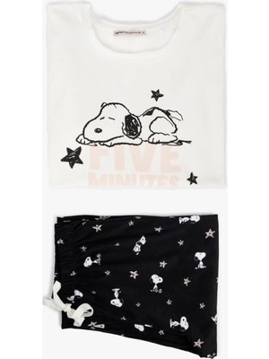 Koton Snoopy Baskılı Lisanslı Uzun Kollu Bisiklet Yaka Pamuklu Pijama Takımı (Aw 25)