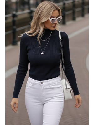 Millionaire Kadın Lacivert Tam Balıkçı Boğazlı Fitilli Esnek Yumuşak Dokuma Slim Triko Kazak Body Bluz