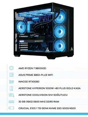 Aerstone | Hyperıon | Rtx 5080 | Ryzen 7 9800X3D | 32 GB Ddr5 Ram | 1tb SSD | Sıvı Soğutucu | Oyuncu Oem Paket