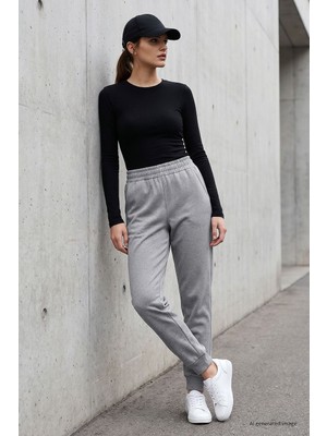 Tommy Life Gri Melanj Yüksek Bel Jogger Rahat Form Manşetli Kadın Eşofman Alt - 94561