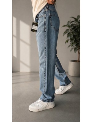 Lyvens Erkek Bluemavi Taşlamalı Bol Paça Baggy Jeans