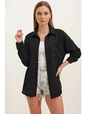 Efnaz Style Kadın Oversize Tek Cepli Viskon Siyah Gömlek