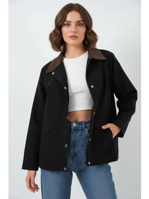 Efnaz Style Kadın Klasik Yaka Cep Detaylı Oversize Siyah Ceket