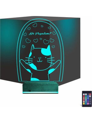Luvivia Sevimli Kedi Kalp Kişiye Özel 3D Lamba - Masa Gece Lambası